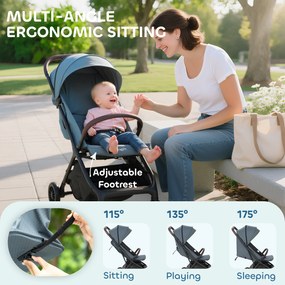 AIYAPLAY Cărucior Ușor 6.3kg pentru Copii 0-3 Ani Pliabil cu o Mână, Cărucior Compact Reclinabil cu Copertină și Suport pentru Picioare Reglabil, Roți și Coș de Depozitare, Până la 15 kg, Albastru | Aosom Romania