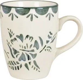 Cană din ceramică artizanală, natur, cu motive florale pictate manual verde și bordură decorativă, cu mâner, 10×10 cm, „Marion"