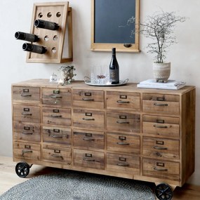 Consola din lemn masiv, cu sertare si roti, aspect rustic