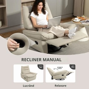 HOMCOM Scaun Reclinabil Manual Relaxant cu Suport pentru Picioare și Bază Pivotantă Fără Brațe, Crem | Aosom Romania