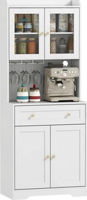 HOMCOM Dulap de bucătărie cu blat, suport pahare de vin, dulap de depozitare pentru bucătărie, sufragerie, 170 cm, MDF, sticlă, Alb | Aosom Romania