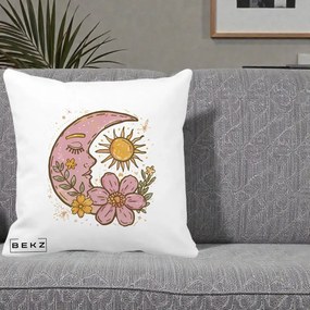 Perna Personalizata Luna si Soare Floral Boho, 40x40 cm, Alba Mata, Husa Detasabila, Perna Inclusa, BEKZ®