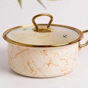 Caserolă cu capac din sticlă Goldmann GM 4521-18B, 18x9 cm, 2l, email, inducție, alb / aur vechi