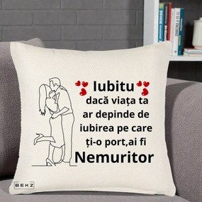 Cadou pentru Iubit - Perna Personalizata Iubitu Nemuritor cu Cuplu Line-Art si Inimi Rosii, 40x40 cm, Crem Reliefat, Husa Detasabila, Perna Inclusa, BEKZ®