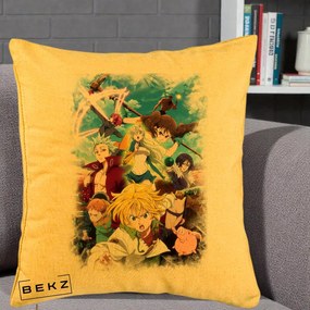 Perna Personalizata Nanatsu no Taizai Cele Sapte Pacate Mortale Anime, 40x40 cm, Galben, Husa Detasabila, Perna Inclusa, BEKZ®