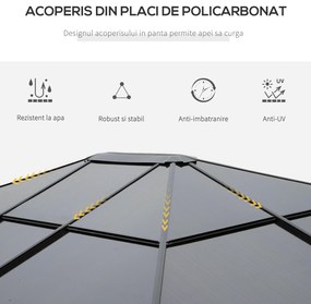 Foisor pentru gradina 3.6x3 m cu acoperis din policarbonat anti-UV, structura din otel si aluminiu si pereti laterali, gri | Aosom Romania