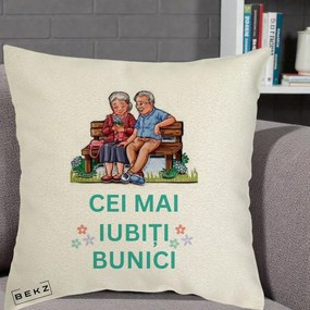 Cadou pentru Bunici - Perna Personalizata Cei Mai Iubiti Bunici Cuplu pe Banca Ilustratie, 40x40 cm, Ecru, Husa Detasabila, Perna Inclusa, BEKZ®