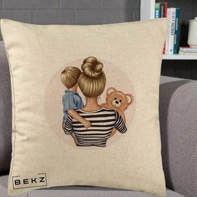 Cadou pentru Mama - Perna Personalizata Mama si Baietelul cu Ursulet, 40x40 cm, Bej, Husa Detasabila, Perna Inclusa, BEKZ®