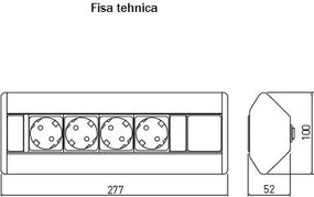 Priză de colț GTV, 4 prize Schuko, aluminiu, 277 x 52 mm Aluminiu, Metal+plastic, AE-PBKT4S-80