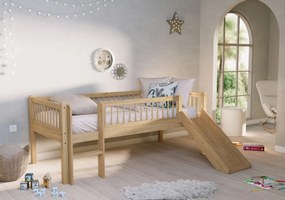 Pat Semi-Înălțat (Mid Sleeper) Forrest Oak 90x200 cm, pentru Camera Copii, din Lemn de Stejar, Natur, cu Tobogan și Sertare – Vipack