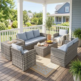 Outsunny Set de mobilier de gradina din ratan de 6 piese, canapea si 2 fotolii tapitate pentru 7 persoane, bej | Aosom Romania
