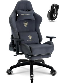 RESIGILAT- DOWINX 68A - Scaun Gaming Ergonomic, Extra-Lat și Construcție Heavy-Duty, Masaj in perna lombara, Material Textil respirabil, Suport picioare, Roti Silicon, Rezistent 150 kg, Gri Inchis