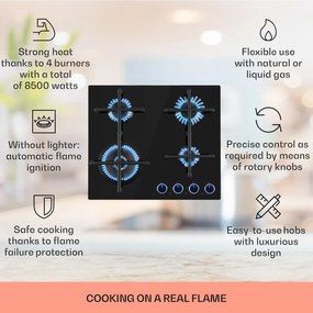 Klarstein Illuminosa 4, plită pe gaz, 4 arzătoare Sabaf, sticlă ceramică, neagră