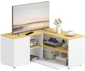 Dulap TV în formă de L pentru televizor de 40" cu 3 rafturi deschise și 2 dulapuri, din PAL, 90x90x45 cm, stejar și alb HOMCOM | Aosom RO
