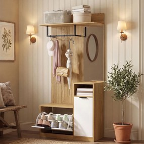 HOMCOM Cuier de Hol cu Bară, 4 Cârlige, Bancă și Spațiu pentru Încălțăminte, Dulap din MDF și Metal, Picioare din Lemn de Cauciuc, Stejar și Alb | Aosom Romania