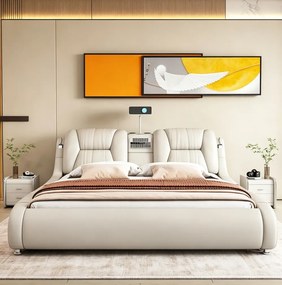 MOB05 Premium 180x200 cm Beige Left Drawer – Pat Inteligent Premium cu Proiector HD, Purificator de Aer, Vibromasaj, Boxe Bluetooth, Seif Integrat și Spații de Depozitare