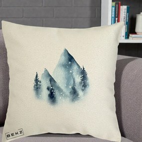 Perna Decorativa Munti Inzapeziti Acuarela Indigo, 40x40 cm, Ecru, Husa Detasabila, Perna Inclusa, BEKZ®