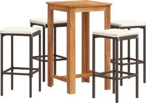 vidaXL Set bar de grădină, 5 piese, maro, lemn masiv acacia/ poliratan