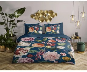 Lenjerie de pat albastru-închis din bumbac satinat pentru pat de o persoană, extinsă 140x220 cm Fiori – Descanso