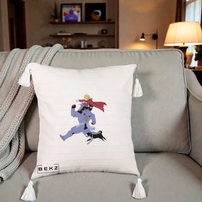 Perna Personalizata Fullmetal Alchemist Edward si Alphonse, 40x40 cm, Bej cu Franjuri, Husa Detasabila, Perna Inclusa, BEKZ®