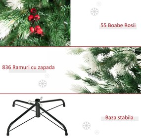 Brad de Craciun Pin artificial Varfuri Ramuri in alb brad cu Ramuri inzapezite Fructe Rosii Φ90x180cm HOMCOM | Aosom RO