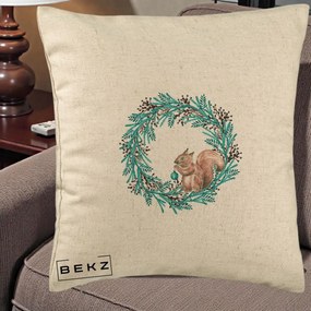 Perna Decorativa Coroana Turcoaz cu Veverita, 40x40 cm, Bej, Husa Detasabila, Perna Inclusa, BEKZ®
