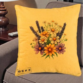 Perna Decorativa Lavanda Musetel si Flori Mov, 40x40 cm, Galben, Husa Detasabila, Perna Inclusa, BEKZ®