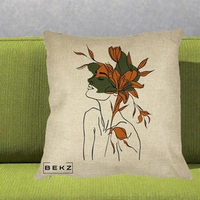 Perna Decorativa Portret Feminin Crin Auriu, 40x40 cm, Crem, Husa Detasabila, Perna Inclusa, BEKZ®