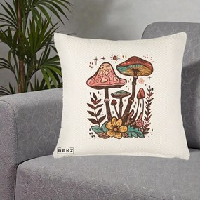 Perna Decorativa Ciuperci Boho Multicolore, 40x40 cm, Crem Reliefat, Husa Detasabila, Perna Inclusa, BEKZ®