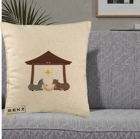 Perna Decorativa Ieslea din Betleem cu Iesle Asin si Bou, 40x40 cm, Bej, Husa Detasabila, Perna Inclusa, BEKZ®