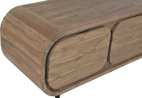 Comodă TV lungă din lemn de tec reciclat, maro, cu 4 sertare și picioare metalice, aspect rustic, 50 x 200 x 45 cm, „Granville”
