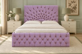 Pat tapițat Chesterfield din catifea Venezia 140×200 cm, lila, cu ladă de depozitare