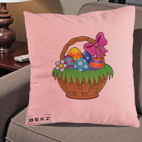 Perna Decorativa Cos cu Oua de Pasti Colorat, 40x40 cm, Roz, Husa Detasabila, Perna Inclusa, BEKZ®