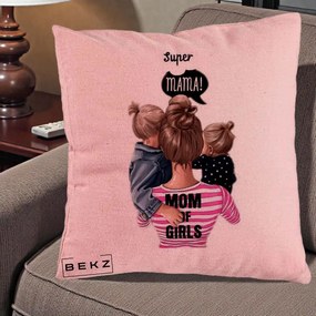Cadou pentru Mama - Perna Personalizata Super Mama Mom of Girls, 40x40 cm, Roz, Husa Detasabila, Perna Inclusa, BEKZ®