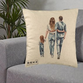Cadou pentru Familie - Perna Personalizata Familie Acuarela Jeans, 40x40 cm, Bej, Husa Detasabila, Perna Inclusa, BEKZ®
