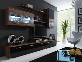 Camera de zi Charlotte 105Prun, Negru lucios, Cu comodă tv, Părți separate, MDF, PAL laminat, Sticlă, 300x42cm, 94 kg