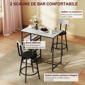HOMCOM Set Masă de Bar cu 3 Rafturi și 2 Scaune cu Spătar, 90x50x90.5 cm, Gri Deschis | Aosom Romania