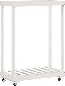 vidaXL Suport de bușteni cu roți, alb, 76,5x40x108 cm, lemn masiv pin