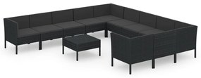 Set mobilier de gradina cu perne, 12 piese, negru, poliratan 4x colt + 7x mijloc + masa, 1