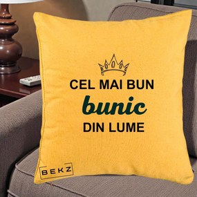 Cadou pentru Bunic - Perna Personalizata Cel Mai Bun Bunic Din Lume Coroana Albastra, 40x40 cm, Galben, Husa Detasabila, Perna Inclusa, BEKZ®