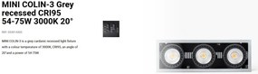 Spot LED incastrabil MINI COLIN-3 Grey recessed CRI95 54-75W 3000K 20°