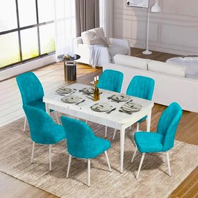 Set masa extensibila cu 6 scaune tapitate Homs cargold 250-30355,turcoaz, 170 x 80 cm