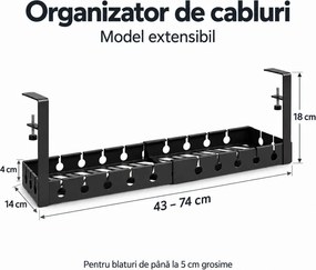 Organizator de cabluri sub birou, extensibil 43–74 cm, lățime 14 cm, prindere fără găurire, oțel carbon, Negru