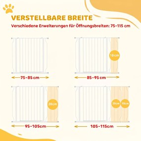 PawHut Poartă de Siguranță pentru Câini din Oțel și ABS, Poartă Extensibilă pentru Câini pentru Scări și Uși, 75-115 cm, Alb