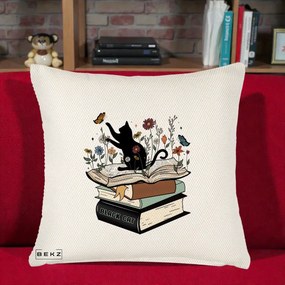 Perna Personalizata Pisica Neagra Carti Flori Fluturi, 40x40 cm, Crem Reliefat, Husa Detasabila, Perna Inclusa, BEKZ®