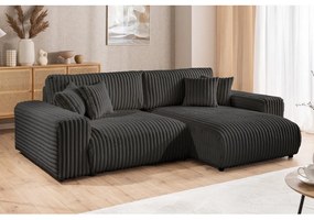 Colțar gri închis extensibil, cu spațiu de depozitare, cu tapițerie din catifea reiată (cu colț pe partea dreaptă) Sarina – Ropez