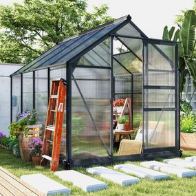 Outsunny Seră de Grădină, Seră din Policarbonat și Aluminiu cu Ușă Culisantă, Ventilație pe Acoperiș și Jgheab, 190x192x201 cm, Gri | Aosom Romania
