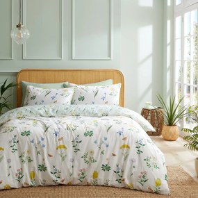 Lenjerie de pat albă/verde din bumbac pentru pat dublu 200x200 cm Botanical Cottage Garden – RHS