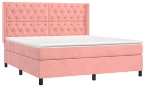 Pat box spring cu saltea, roz, 160x200 cm, catifea Roz, 160 x 200 cm, Design cu nasturi
