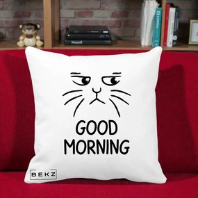 Perna Decorativa Pisica Morocanoasa Good Morning, 40x40 cm, Alba Mata, Husa Detasabila, Perna Inclusa, BEKZ®